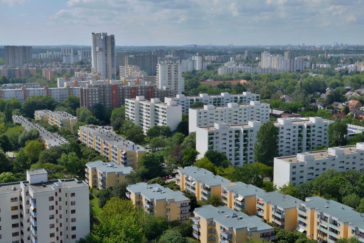 Luftaufnahme der Wohnblocks in der Gropiusstadt